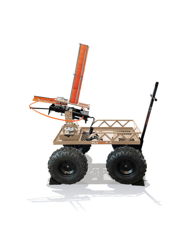 Do All Outdoors Flyway 4x4 in the new tan color-way on a white background. This automatic trap thrower is holding 60 clay pigeons.
